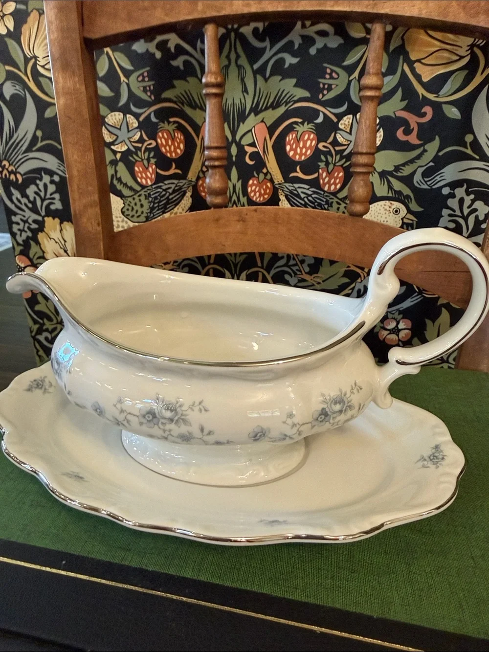 LARGE Johann Haviland Blue Garland Gravy Boat Platinum Trim Bavaria Germany